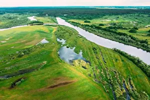 Aerial View. Green Forest, Meadow And River Marsh Landscape In Summer. Top View Of European Nature From High Attitude In Spring. Bird's Eye View Of