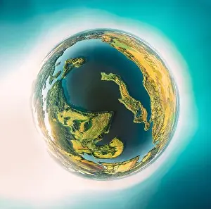 Small Planet Prints: Aerial view green forest woods and Lepel lake landscape in autumn morning