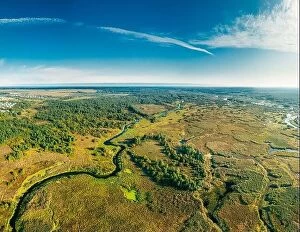 Images Dated 24th September 2019: Aerial View Green Forest Woods And River Landscape In Sunny Summer Day