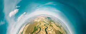 Small Planet Prints: Aerial View Green Forest Woods And River Landscape In Sunny Spring Day