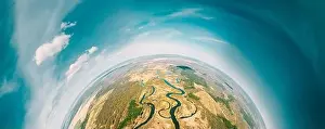 Aerial View Green Forest Woods And River Landscape In Sunny Spring Day