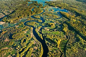 Aerial View Green Forest Woods And River Landscape In Sunny Spring Summer Day. Top View Of Nature, Bird's Eye View. Trees Standing In Water During