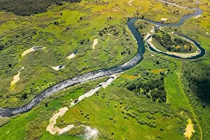 Aerial View Green Forest Woods And River Landscape In Sunny Spring Summer Day. Top View Of Beautiful European Nature From High Attitude In Autumn