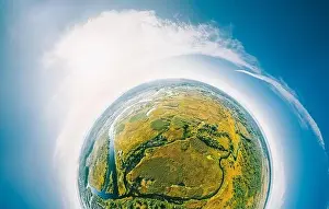 Small Planet Prints: Aerial View Green Forest Woods And River Landscape In Sunny Summer Day