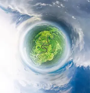 Small Planet Prints: Aerial View Green Forest Woods And River Landscape In Sunny Summer Evening