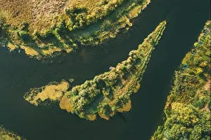 Wonderland Prints: Aerial View Green Forest Woods On Small River Island In Summer Landscape