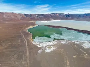 Green Lagoon Prints: Aerial view of the green and partly frozen Laguna del Negro Francisco in the Atacama desert in Chile - Traveling