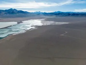 Green Lagoon Prints: Aerial view of the green and partly frozen Laguna del Negro Francisco in the Atacama desert in Chile - Traveling