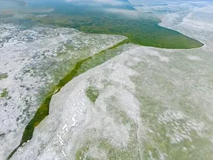 Off Road Prints: Aerial view of the green and partly frozen Laguna del Negro Francisco in the Atacama desert in Chile - Traveling