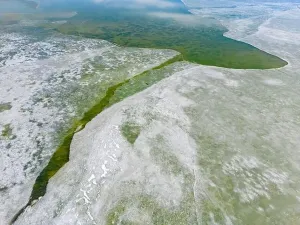 Off Road Prints: Aerial view of the green and partly frozen Laguna del Negro Francisco in the Atacama desert in Chile - Traveling