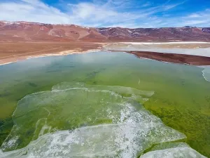Off Road Prints: Aerial view of the green and partly frozen Laguna del Negro Francisco in the Atacama desert in Chile - Traveling