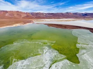 Off Road Prints: Aerial view of the green and partly frozen Laguna del Negro Francisco in the Atacama desert in Chile - Traveling