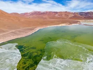 Off Road Prints: Aerial view of the green and partly frozen Laguna del Negro Francisco in the Atacama desert in Chile - Traveling