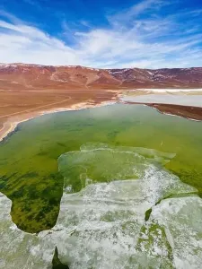 Off Road Prints: Aerial view of the green and partly frozen Laguna del Negro Francisco in the Atacama desert in Chile - Traveling