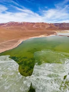Off Road Prints: Aerial view of the green and partly frozen Laguna del Negro Francisco in the Atacama desert in Chile - Traveling
