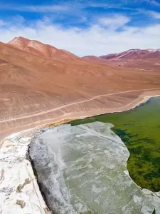 Off Road Prints: Aerial view of the green and partly frozen Laguna del Negro Francisco in the Atacama desert in Chile - Traveling