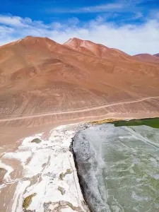 Off Road Prints: Aerial view of the green and partly frozen Laguna del Negro Francisco in the Atacama desert in Chile - Traveling
