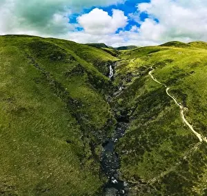 Mares Prints: Aerial view of The Grey Mare's Tail, a waterfall near Moffat, Scotland