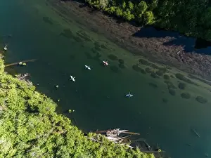 Aerial view of a group of friends Kayaking the north fork of the Rogue River in Prospect Oregon