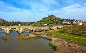 Old River Prints: Aerial view of the Guadiana River and the town of Medellin with old bridge and castle