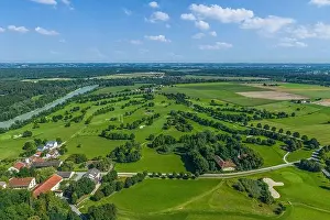 Sports Facility Prints: Aerial view of Guttenburg with castle and golf course in eastern Upper Bavaria
