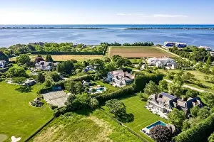 Mecox Bay Prints: Aerial view of Halsey Lane and Bay Avenue in Water Mill looking towards Mecox Bay and the Atlantic ocean in Water Mill