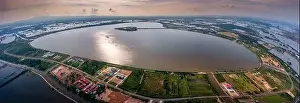 Aerial top view of Heart shaped island (The Holy Heart Land Talayluang) at daytime in Thung Talayluang in Sukhothai