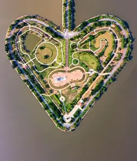 Sukhothai Prints: Aerial top view of Heart shaped island (The Holy Heart Land Talayluang) at daytime in Thung Talayluang in Sukhothai