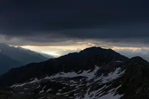European Alps Prints: Aerial view of high Valtellina and Monte Canale under the cloudy sky at dawn