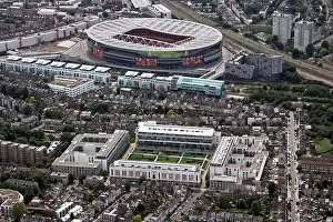 Flats Prints: aerial view of Highbury Square development and Arsenal Emirates Stadium, London N5