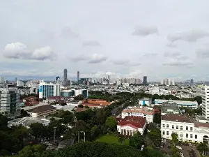 Interchange Prints: Aerial view of highway intersection and buildings in the city of Jakarta and noise cloud with Jakarta cityscape