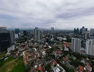 Interchange Prints: Aerial view of highway intersection and buildings in the city of Jakarta and noise cloud with Jakarta cityscape