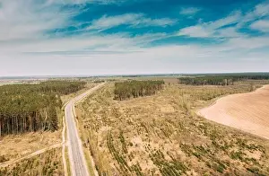 Aerial view of highway road through deforestation area landscape. Green pine forest in deforestation zone. Top view of field and forest landscape in