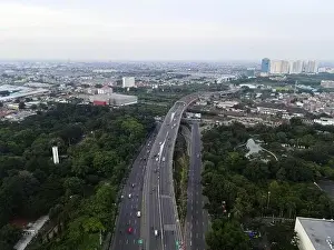 Sky City Prints: Aerial view of highways and buildings when sunset and noise cloud