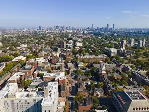 Auburn Prints: Aerial view of historic city center of Cambridge on Mt Auburn Street with Boston modern city skyline at the background