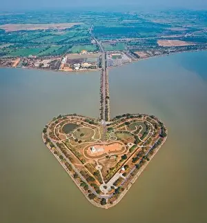 Aerial view of the holy heart land, a heart shape island in Thung Talay Luang, Mueang District, Sukhothai