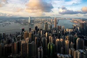Images Dated 13th August 2017: Aerial view of Hong Kong skyline and Victoria Harbor at sunset time in Hong Kong. Asia