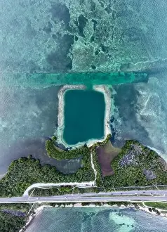 Beach Landscape Prints: Aerial view of Horseshoe beach and blue hole ocean along Florida Keys coast