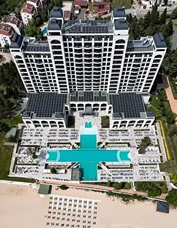 Nessebar Prints: Aerial view to a hotels in sea resort Sunny Beach on Black sea, Bulgaria