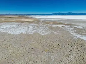 Aerial view of the huge salt flats Salinas Grandes de Jujuy in northern Argentina while traveling South America