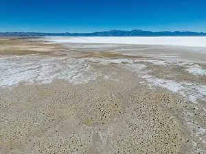 Aerial view of the huge salt flats Salinas Grandes de Jujuy in northern Argentina while traveling South America