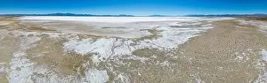 Aerial view of the huge salt flats Salinas Grandes de Jujuy in northern Argentina while traveling South America