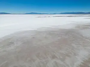 Overland Prints: Aerial view of the huge salt flats Salinas Grandes de Jujuy in northern Argentina while traveling South America