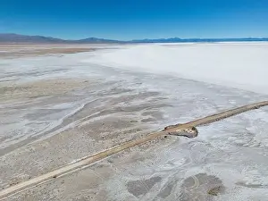 Crystallization Prints: Aerial view of the huge salt flats Salinas Grandes de Jujuy in northern Argentina while traveling South America