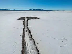 Crystallization Prints: Aerial view of the huge salt flats Salinas Grandes de Jujuy in northern Argentina while traveling South America