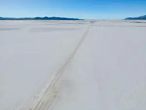 Aerial view of the huge salt flats Salinas Grandes de Jujuy in northern Argentina while traveling South America