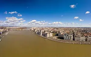 Morning Glow Prints: Aerial view of Hungarian Parliament Margaret Island by danube in Budapest morning