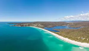 Cosy Corner Prints: An aerial view of the iconic lichen covered rocks and turqoise ocean water in the Bay of Fires near Binalong Bay