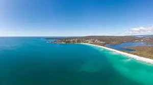 Cosy Corner Prints: An aerial view of the iconic lichen covered rocks and turqoise ocean water in the Bay of Fires near Binalong Bay