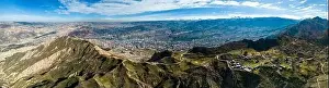 High Lying Prints: Aerial view from the impressive landmark Muela del Diablo over the mountains down into the valley with the cities La
